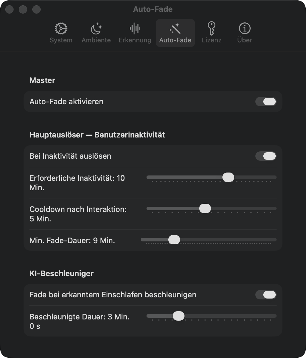 Auto-Dimm-Einstellungen: Inaktivitäts-Auslöser und KI-Beschleuniger