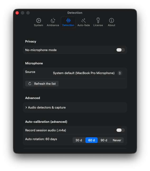 Detection settings: no-microphone mode, microphone source, recording off by default