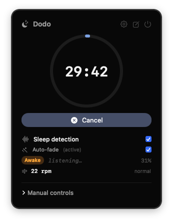 Dodo running: 29:42 on the ring, sleep detection listening, auto-fade active