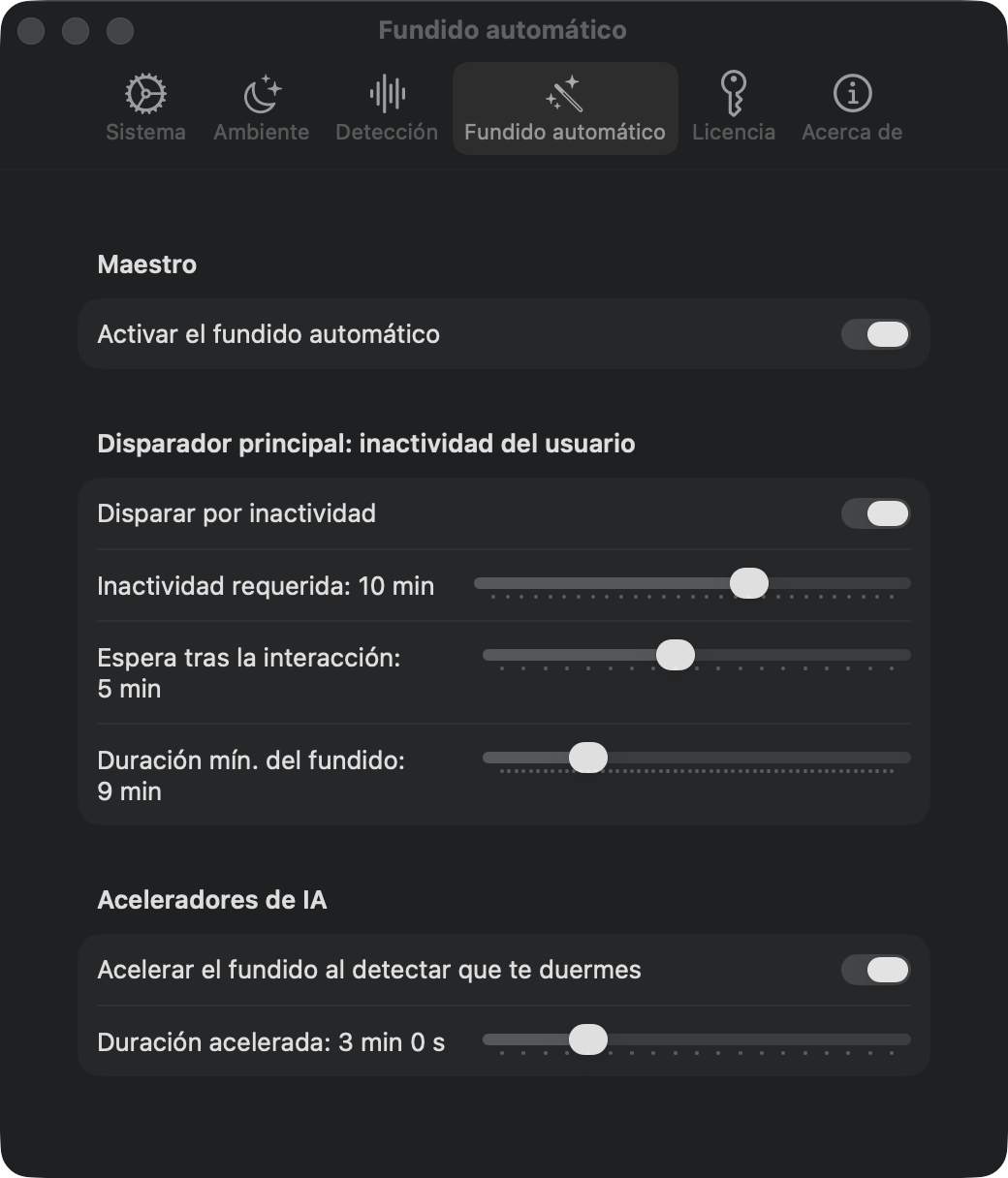 Ajustes de atenuación automática: disparador por inactividad y aceleradores de IA