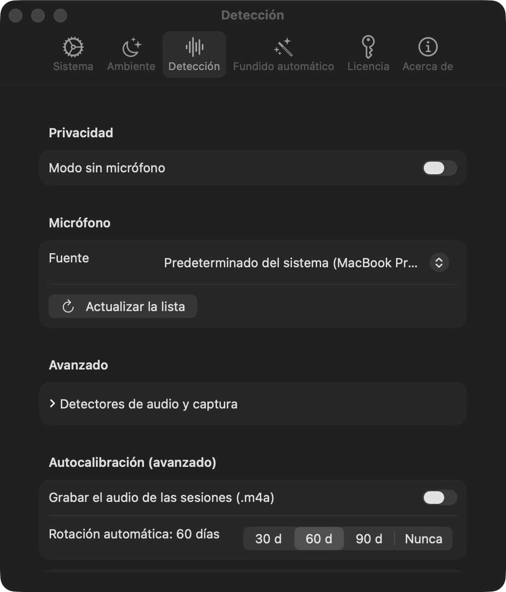 Ajustes de detección: modo sin micrófono, fuente del micrófono, grabación apagada por defecto