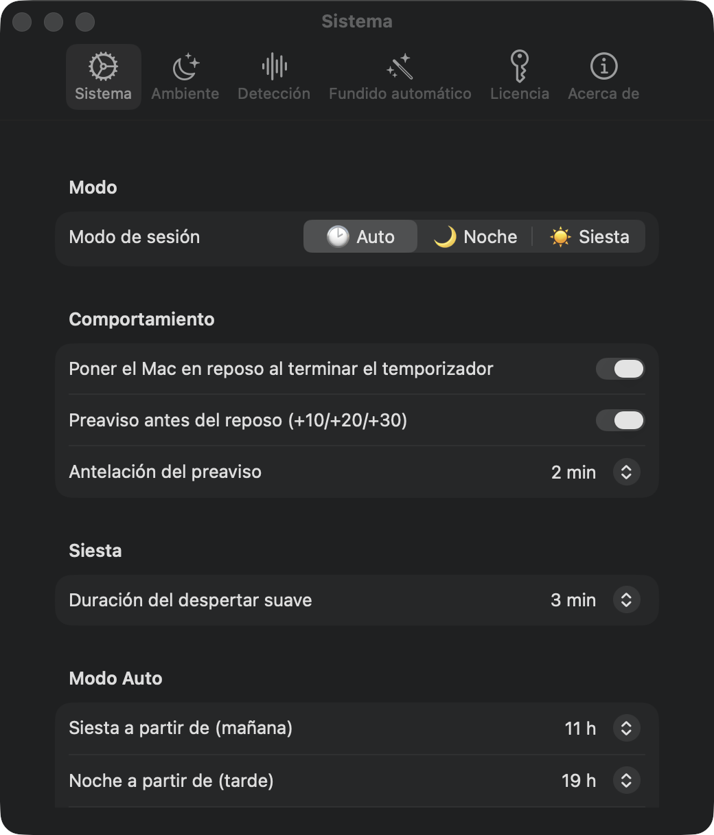 Ajustes del sistema: modos de sesión Automático, Noche y Siesta
