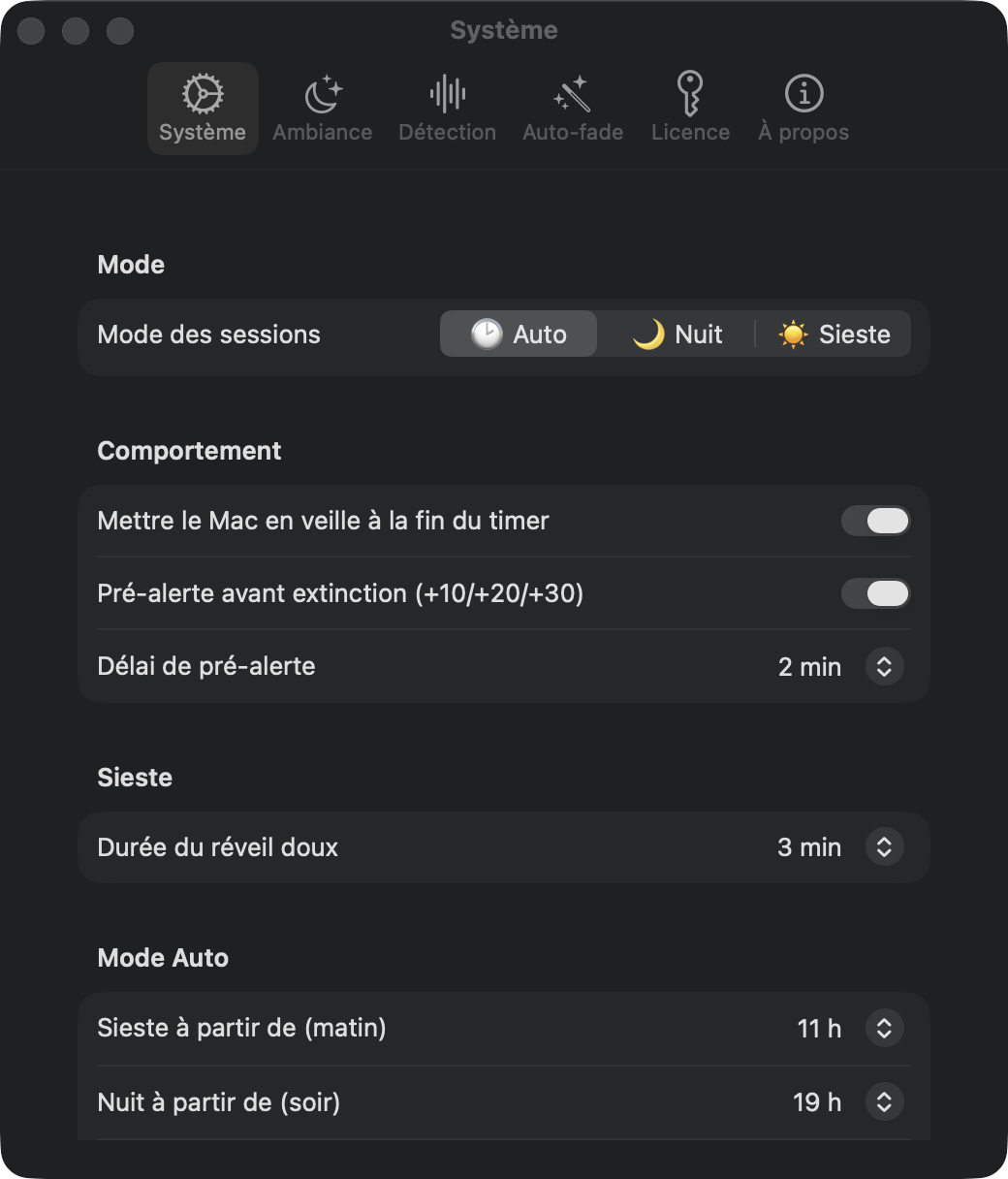 Réglages système : modes de session Auto, Nuit et Sieste