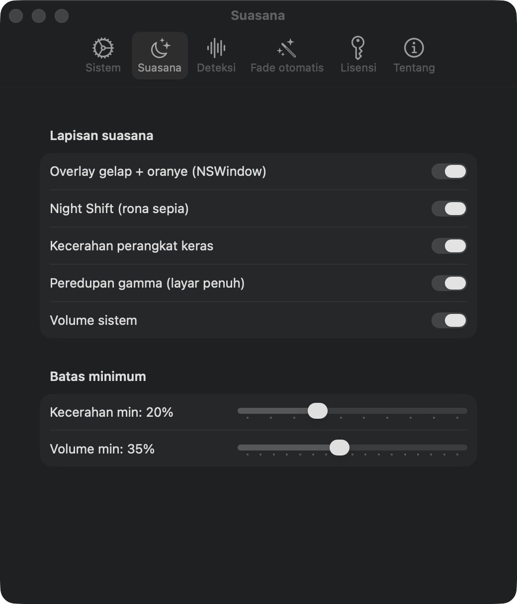 Pengaturan suasana: lapisan, Night Shift, kecerahan perangkat keras, peredupan gamma, volume, batas bawah