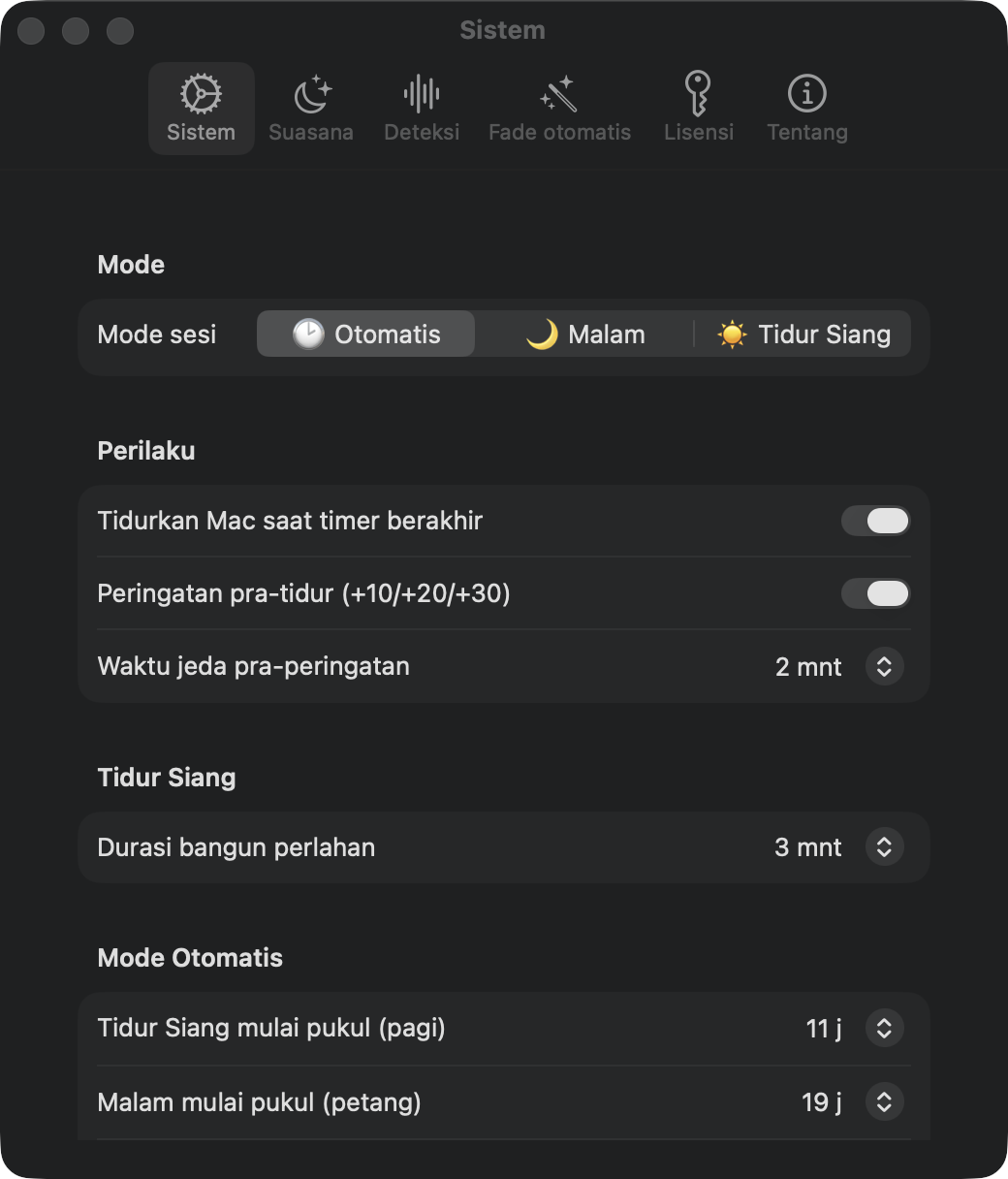 Pengaturan sistem: mode sesi Otomatis, Malam, dan Tidur siang