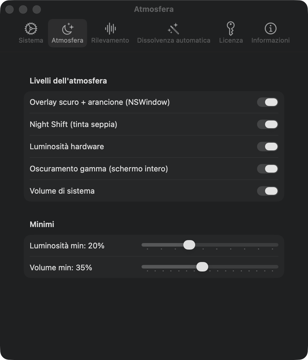 Impostazioni ambiente: velo, Night Shift, luminosità hardware, attenuazione gamma, volume, soglie minime
