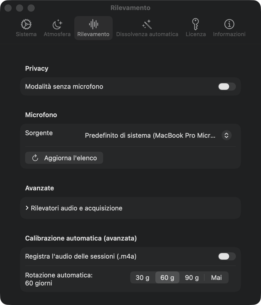Impostazioni rilevamento: modalità senza microfono, sorgente del microfono, registrazione spenta di default