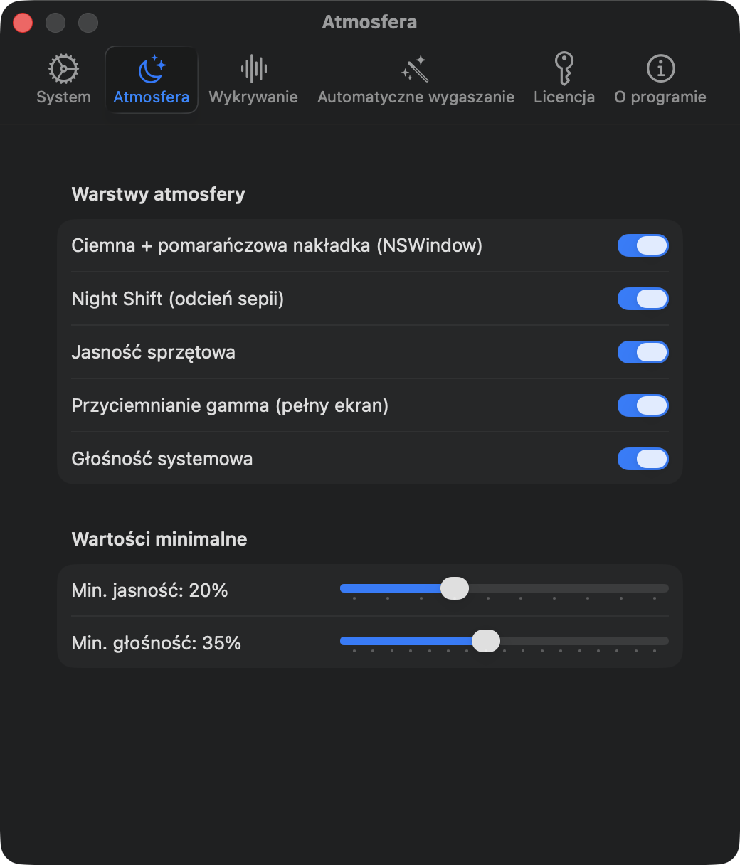 Ustawienia atmosfery: nakładka, Night Shift, jasność sprzętowa, przyciemnianie gamma, głośność, dolne progi