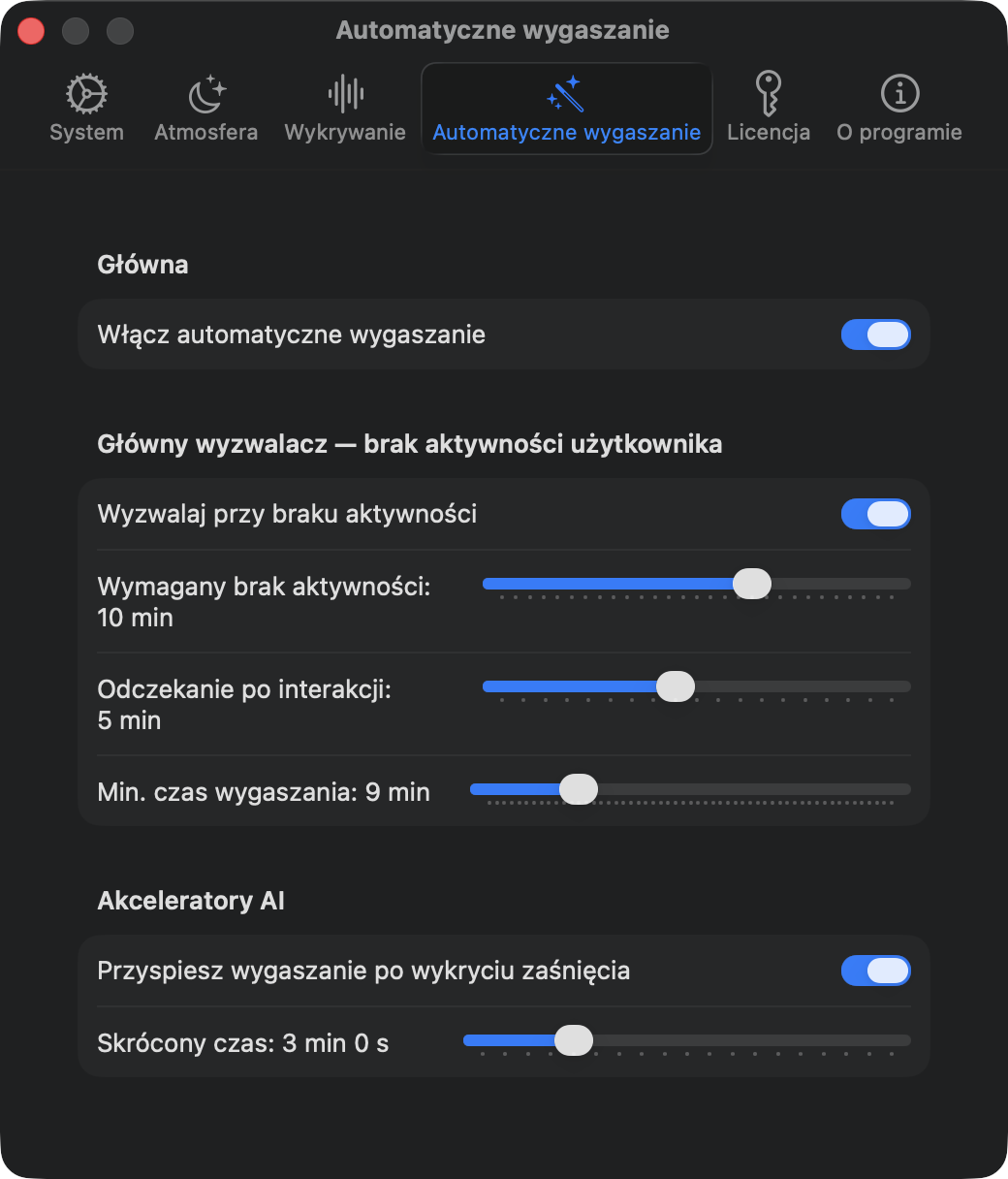 Ustawienia auto-wygaszania: wyzwalacz bezczynności i akceleratory AI