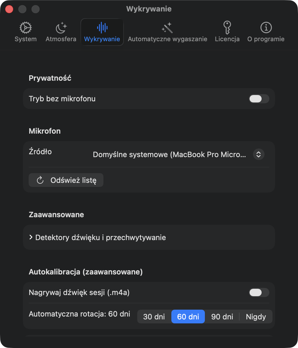Ustawienia wykrywania: tryb bez mikrofonu, źródło mikrofonu, nagrywanie domyślnie wyłączone
