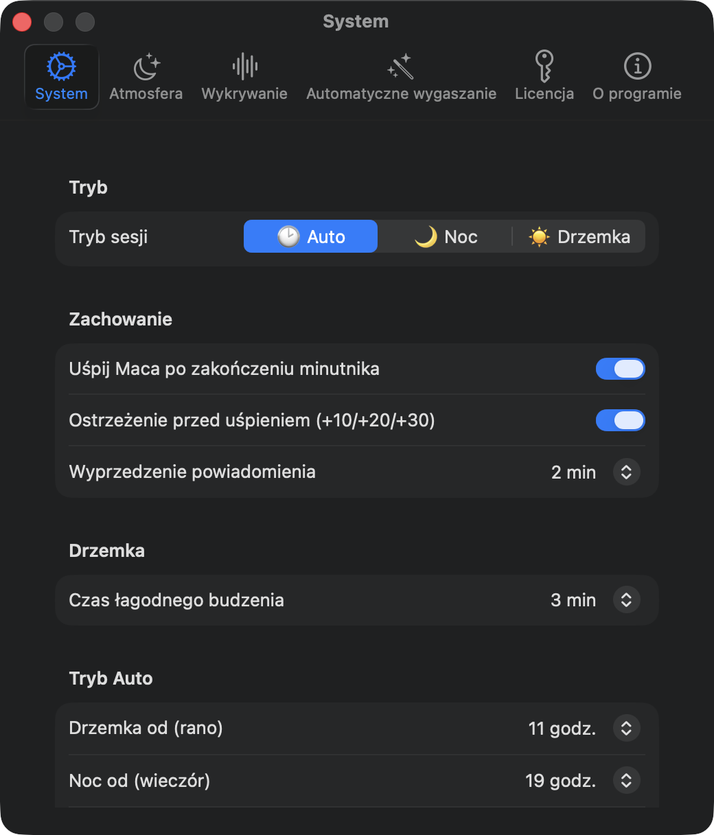 Ustawienia systemu: tryby sesji Auto, Noc i Drzemka