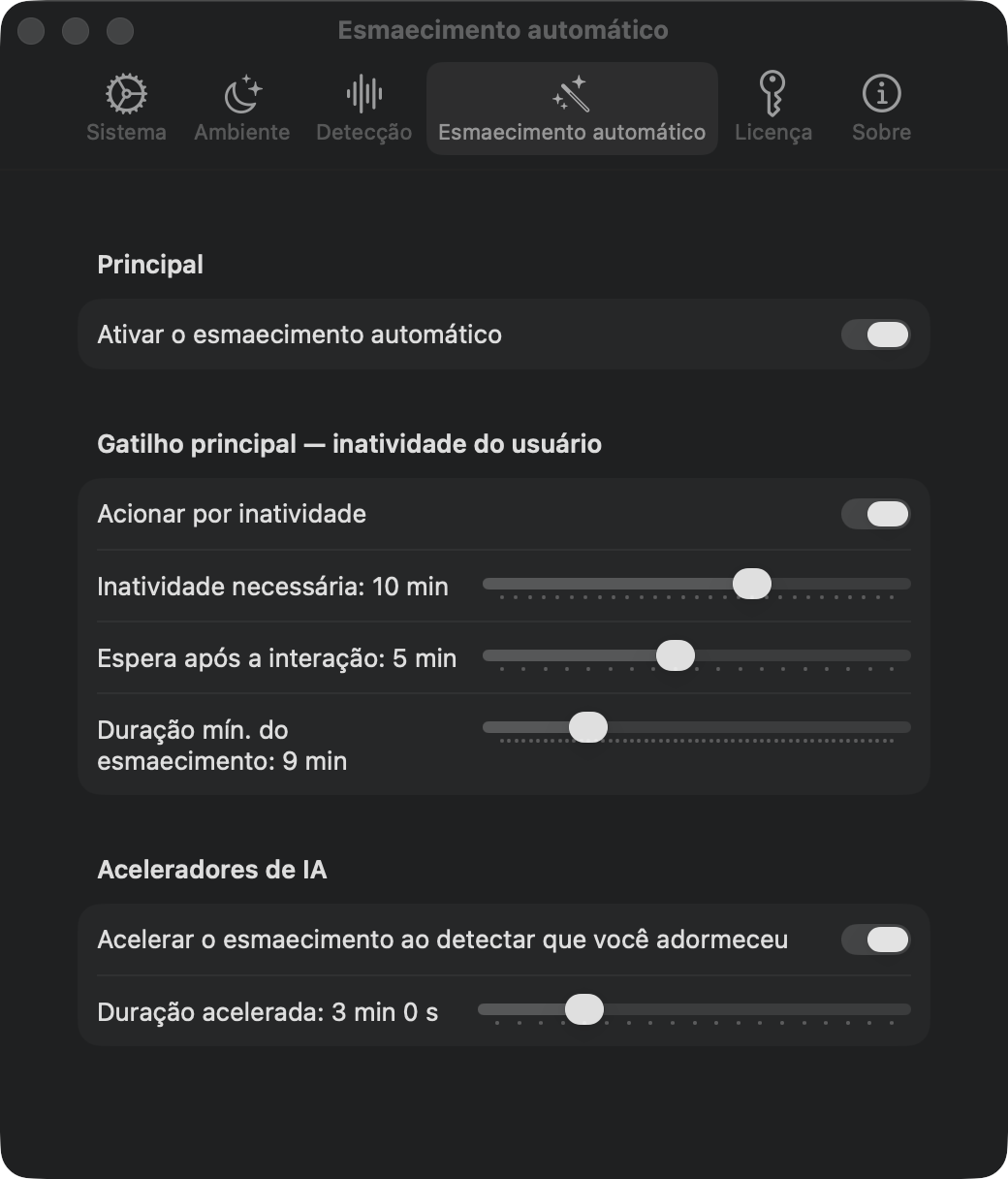 Ajustes de esmaecimento automático: disparo por inatividade e aceleradores de IA