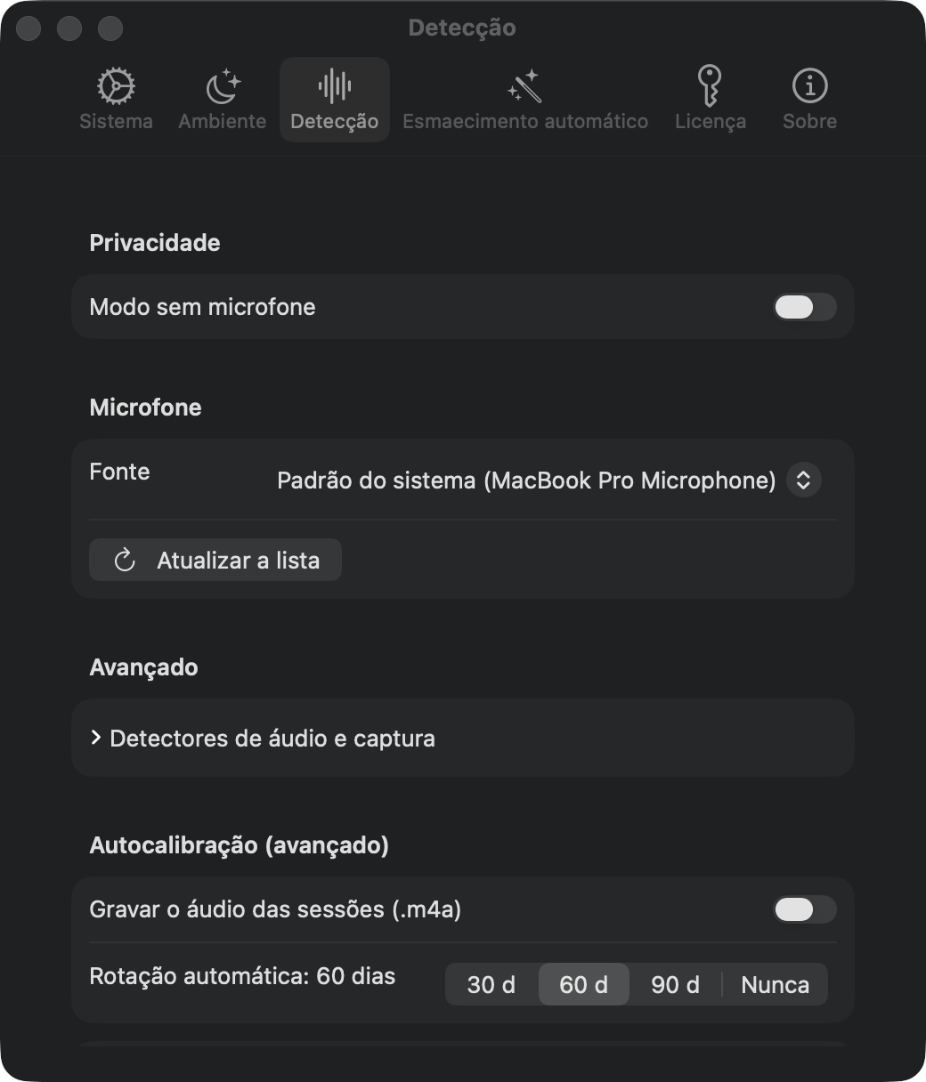 Ajustes de detecção: modo sem microfone, fonte do microfone, gravação desligada por padrão