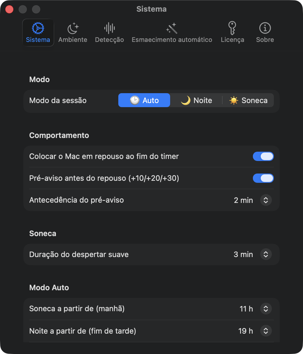 Ajustes do sistema: modos de sessão Automático, Noite e Soneca